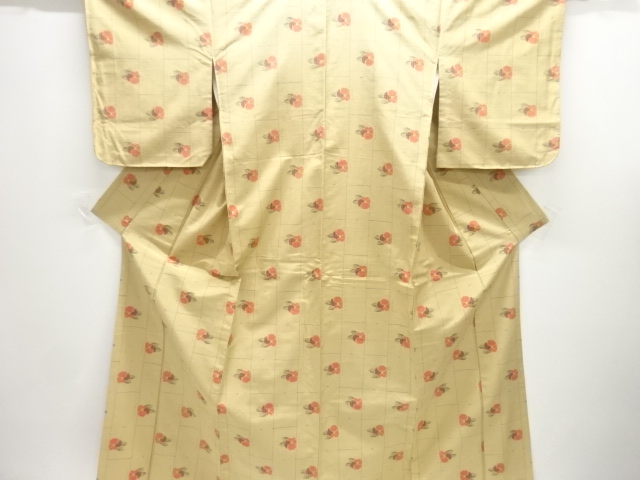 アンティーク　花模様織り出し手織り紬着物